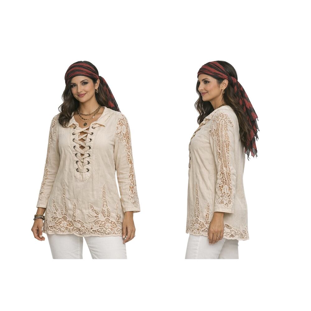 Women’s Sz M Boho Lace Ribbon Blouse Fairycore Cottagecore Romantic Eclectic NWT